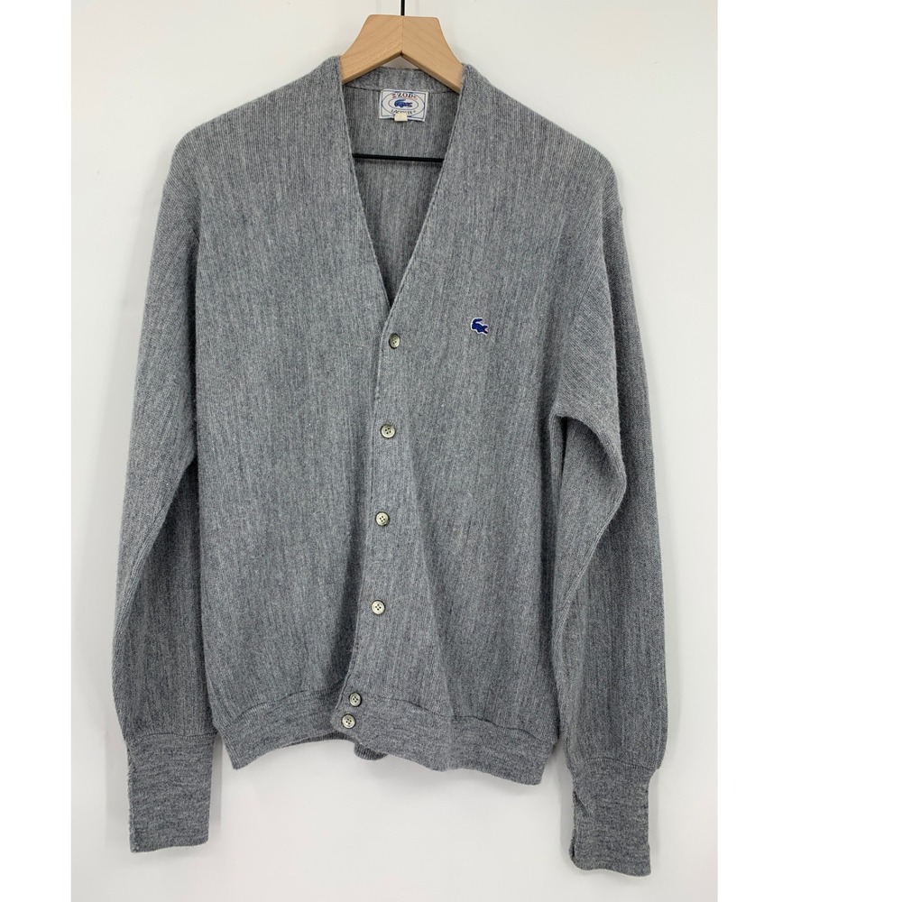 Vintage Izod Lacoste Sweater Mens Large Gray Cardigan Acrylic Blue Croc